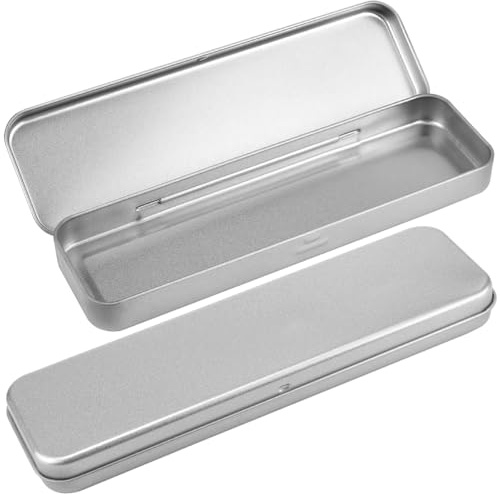 LNQ LUNIQI Metall Schreibwaren Box, 2 Stück Lang Metalldose mit Klappdeckel Metall Stiftebox Blechbox Aufbewahrung Viereckig Federmäppchen für Bleistift Kugelschreiber Lineal Radiergummi, Silber