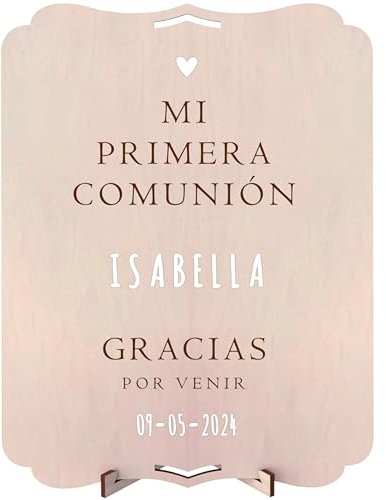 nagu® Pancarta Personalizada de Madera 30x22 cm - Poster o Cartel Personalizado para Comunión con Set de Letras y Números Adhesivos - Pancarta Mi Primera Comunion Niña o Niño para Mesa o Colgar
