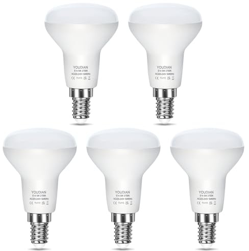 YOUDIAN E14 LED Light Bulb 5W,Warm White 2700K,Small Screw Bulb,Pack of 5 | R50 Reflector Bulb,SES LED Spotlight Bulbs for Lamps,500lm,120° Wide Angle,220-240V,Non-dimmable