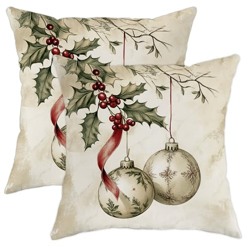Fundas de cojín decorativas de Navidad con diseño de acebo y bolas, fundas de cojín decorativas verdes y rojas, decoración del hogar para sofá, sala de estar, dormitorio, 20 x 20 pulgadas
