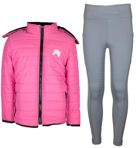 MS-Trachten Reitset Winter Kinder Reitjacke Moni Pink gesteppt mit Reitleggings Amy Grau (122/128)