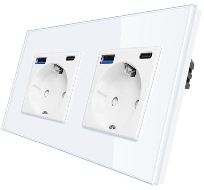 CNBINGO Schuko Steckdose Unterputz mit Typ-C & USB-A, 2-Fach Weiß Glas | Doppelsteckdose mit USB-A/C Ports (Max.2,1 A), Wandsteckdose mit Kindersicherung, Horizontal oder Vertikal, Glasrahmen
