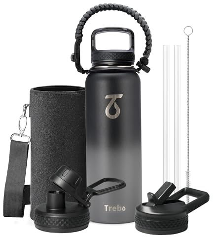 Trebo Bouteille d'eau de 1,2 L avec 3 couvercles et poignée, gourde isotherme sous vide en acier inoxydable sans BPA, anti-fuites, pour l'extérieur, conserve l'eau froide pendant 48 heures, meilleur