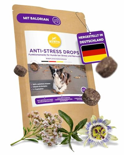 KUNTO® Anti-Stress Drops für Hunde – Natürliches Beruhigungsmittel mit Baldrian, L-Tryptophan & Vitamin-B – Gegen Stress bei Silvester, Gewitter, Reisen & Lärm (350g)