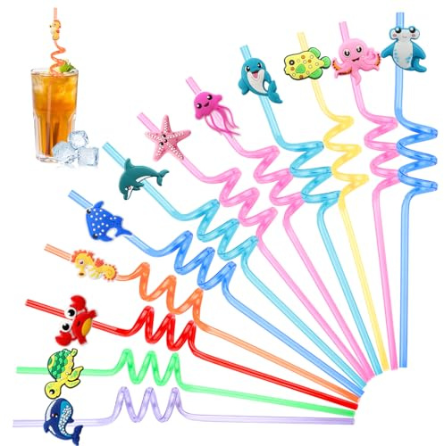 Paille Plastique Réutilisable 12 Pièces - Motifs Animaux Marins, Straws Spirale pour Enfants, Décorations de Fête et Tasses à Boissons