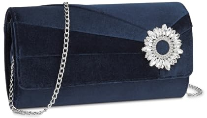 Miss Lulu Velvet Clutch Bag, Elegant Evening Bag, Rhinestone-decorated Wedding Handbag, Paired with a Silver Chain, Suitable for Weddings, Parties and Banquets (Navy)