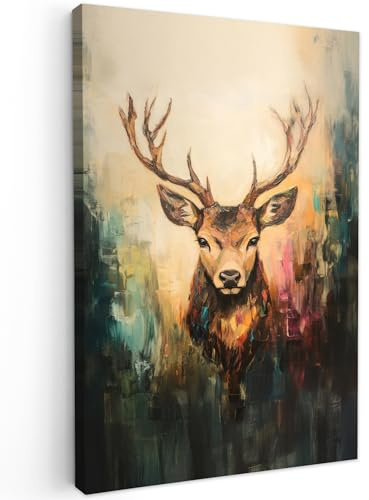 MuchoWow© Leinwandbilder Groß XXL Wall Art Decoration Bilder für die Wand | 80x120 cm - Schlafzimmer Deko Canvas Painting Wanddekoration Wohnzimmer Hirsch - Gemalt - Geweih - Braun