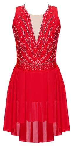 Moggemol Robe De Patinage pour Fillettes sans Manches Robe De Danse Patchwork Tenue Patinage Artistique Body Gymnastique Ballet Dos Nu Costume Compétition Rouge 9-10 Ans