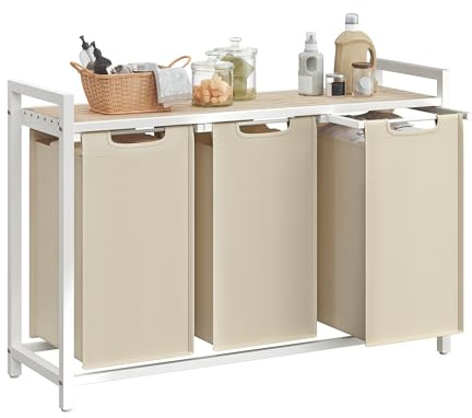 VASAGLE Cesto Portabiancheria, Porta Biancheria, 3 Sacchi in Tessuto Rimovibili, Piano d’Appoggio, Metallo, 3 x 40 L, 92,5 x 33 x 72 cm, Beige Cappuccino e Beige Naturale BLH301LH01