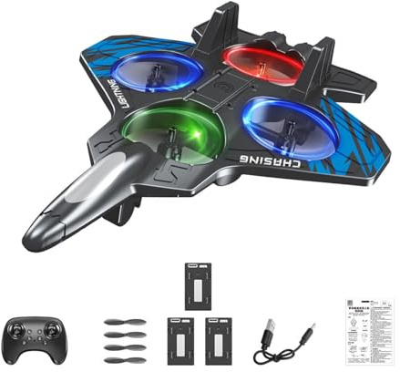 kowaku 6 Canali Aereo Rc con Luci LED Colorate E 3 modalità di velocità, Aereo Telecomandato in Schiuma a 4 Motori, Modello di Aereo da Combattimento di Capovolte a 360°, Batteria Blu Tre