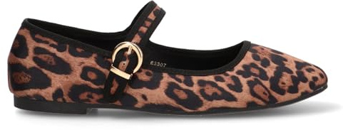 Etika Bailarinas de Punta Fina para Mujer, Zapato Plano Elegante con Múltiples Pulseras al Tobillo y Cierre de Hebilla, Acabado en Antelina, Modelo 63307 Leopardo - 41