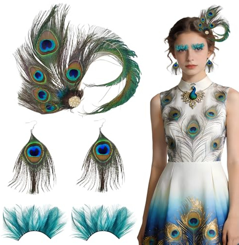 Huahuanghui Pfau Kostüm Damen,Pfau kostüm zubehör,Pfauenfedern | Haarschmuck+ Falsche Wimpern+1 Paar pfauen ohrringe, Für Karneval Fasching Halloween Mottoparty Cosplay