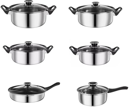 6-Piece Stainless Steel Cookware Set with Glass Lids, Pots and Pans with Heat-Resistant Handles for Induction, Gas & Electric Stoves