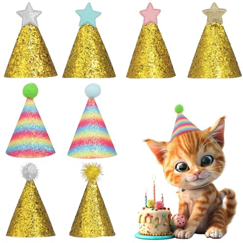 JOINPAYA 8 Stück Glitzer Haustier Geburtstagshüte mit Elastischem Band Leichte Partyhüte für Kleine und Mittelgroße Hunde Katzen Farbenfrohe Bommel Kopfbedeckungen für Zufällige Farbe