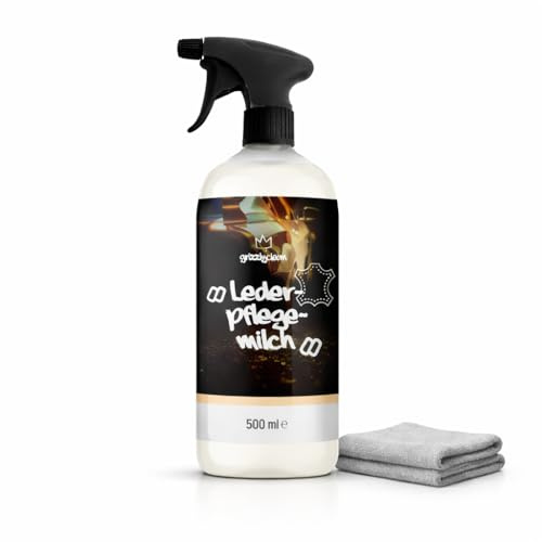 GrizzlyClean Leder Pflege Milch - Auto Lederpflege mit UV-Schutz - Autositz & Lederlenkrad Pflege inkl. Mikrofasertuch - Premium Leather Conditioner - Ledermilch aus Deutschland (500 ml)