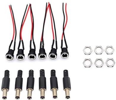 JZK 6PCS 5.5 x 2.1mm DC Power Jack Adapter Cord, DC Female Panel Mount Connector Cable, 5.5mm x 2.1mm DC Power Barrel Plug Connector with 10cm Pre-soldered Wires