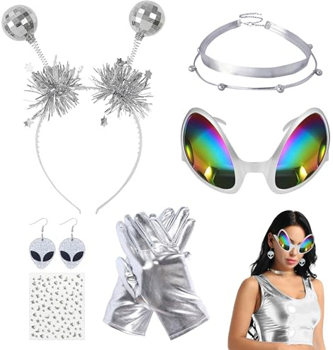 PYSEOSISE Alien Kostüm Damen, 6 Stück Alien Accessoires, Alien Haarreif mit Halskette Ohrringe Brille Silber Handschuhe und Strasssteine Aufkleber für Karneval Maskerade Party