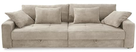 Big-Sofa als bequeme Lounge-Garnitur mit 2 Bettkästen, viel Stauraum, B284/T113/H84 cm, gesteppte Sitzfläche, Couch mit Rückenkissen und Zierkissen, moderner weicher Cord-Bezug in Beige Grau / 15263