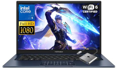 ASUS Vivobook 14 Laptop, Intel 10-Core 5 120U (fino a 5 GHz), 8 GB di RAM 256 GB SSD, 14 pollici FHD IPS Win 11 WiFi 6 Bluetooth Laptops-Computer per studenti universitari con accessorio GM