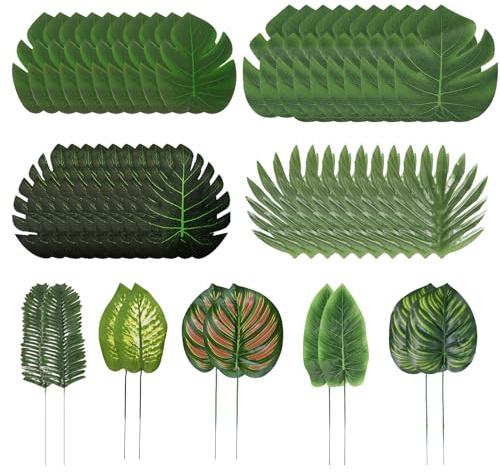 Dstarymnix Hojas Decorativas Artificiales, Paquete de 50 Hojas de Palma Artificiales y Hojas de Monstera Decorativas, Plantas Tropicales Decorativas para Fiestas en la Playa Hawaianas (Verde 9)