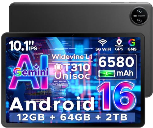 Tab A9 Android 16 Tablet 10 Pulgadas Gemi AI, Unisoc T310, Tablet para Niños 6580mAh, 20GB RAM/64GB ROM, Cámara Principal 8MP, Tablets Altavoces Duales, Bluetooth 5.0, OTG, Jack 3.5mm, Face ID