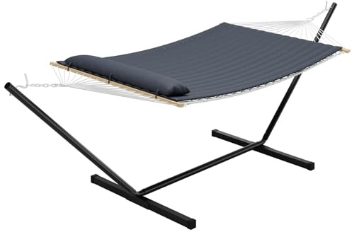 Aptliton Quilted Double Hammock with Stand & Pillow – Dark Grey | 2 Person Cotton Rope Hammock with Removable Pad Easy Assembly Free Standing Hammock Bed for Indoor Outdoor Garden Patio