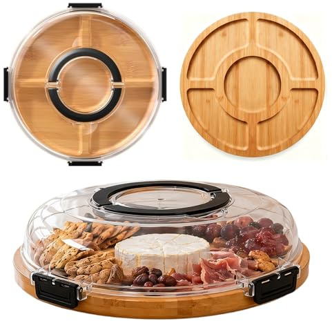 Osttallrik med lock, 30 cm serveringsfat bambu Charcuterie Board, rund osttallrik för mellanmål & antipasti, picknick, 30 x 30 x 6,5 cm