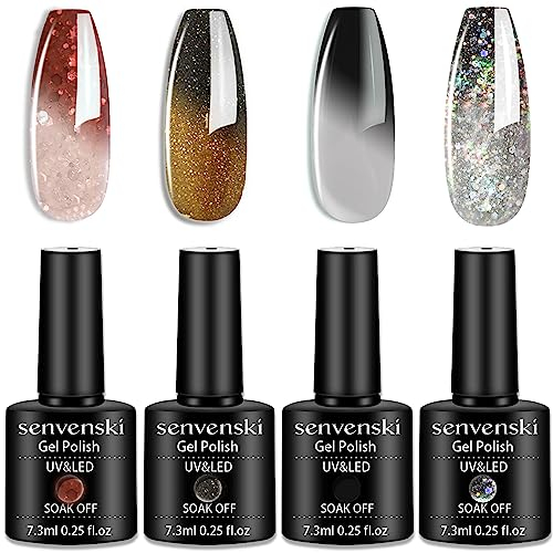 Senvenski Color Changing Gel Nail Polish Kit, UV/LED Thermal Temperature Nail Art Set with Black White Red Grey Brown Gold Glitter Colours | Manicure Gift Kit for Women, Salon Home Use (WB018)