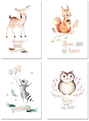 PICSonPAPER Kinder Poster 4er-Set Waldtiere, ungerahmt DIN A4, Dekoration fürs Kinderzimmer, Babyzimmer, Kinderposter, Babyposter, Wasserfarben, Wandbild (ungerahmt DIN A4)