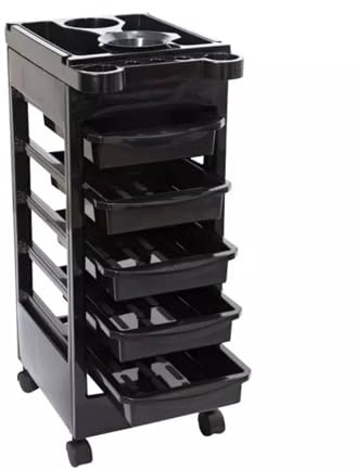 Italian Design - Carro de Peluquería Negro - 5 Bandejas Extraíbles de 38x26,5x7 cm - Bandeja Superior Antideslizante con Porta Secadores - 4 Ruedas Flexibles - Compacto y Ergonómico para Salones