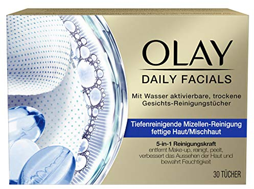 Olay Daily Facials Reinigungstücher für fettige Haut/Mischhaut, Mit Wasser Aktivierbare, Trockene Gesichts-Reinigungstücher , 5-in-1 Gesichtspflege, Abschminktücher, Gesichtsreinigung, Peeling