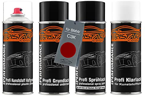 TRISTARcolor Ensemble de bombes de peinture Peinture voiture pour plastique pour BMW C3K Motegi Rot Metallic apprêt adhérent, peinture de base, vernis transparent avec assouplissant