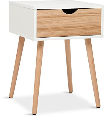 Mondeer Nachttisch Beistelltisch, Skandi-Stil, mit Schublade, Eiche weiß | Ablagefläche und Schublade für Kleinteile. Ideal für Wohnzimmer, Schlafzimmer. 40x40x56 cm