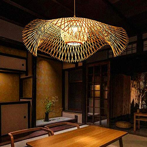 FUMIMID Lustre E27 Suspension En Bambou Rétro Lampe De Plafond Suspension Créatif Abat-Jour En Bambou Tissé À La Main Lustre Éclairage Restaurant Chambre Salon Cuisine Café Lamp Décorative,55cm