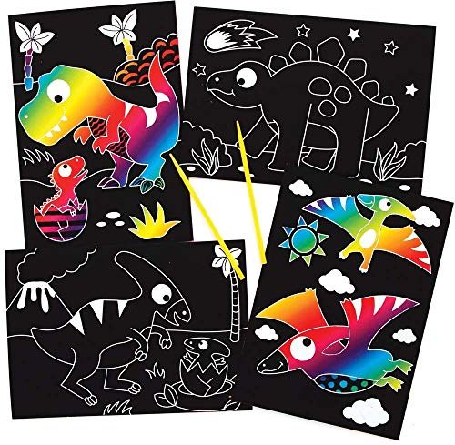 Baker Ross FE110 Dinosaurier Kratzbilder für Kinder - 8er Pack, Gravierkunst Bastelset für Kinder, Mittel