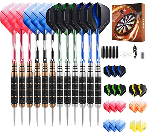Rose Kuli dart 12 stycken 24 gram pilset stål spetsar - professionella dartset med aluminiumstänger och 4 vingar stilar (26 g pilar)