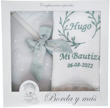 Kit de vela y pañuelo personalizado para bautizo – Pack de vela decorada para Bautizo y Paño bordado con nombre y fecha del Bautismo - Modelo Bambula (Verde menta)