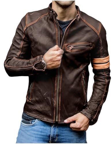 Jild Distressed Café Racer Brown Leather Jacket Men - Genuine Lambskin Leather Biker Style Mens Vintage Motorcycle Jacket (YP-Brn-L)