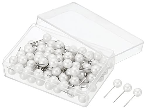 PATIKIL Goupilles Pression, 100 Paquet Rond Tête Carte Punaises Pouce Acier Points pour Bureau Tableau Liège, Perle Blanc