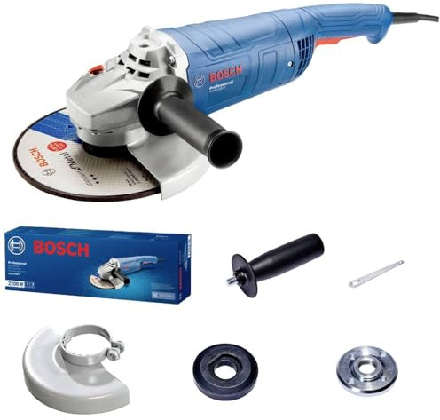 Bosch Professional Winkelschleifer GWS 2200 P (Scheiben-Ø 230mm, 2.200-W-Motor, inkl. Zweilochschlüssel, Schutzhaube, Aufnahmeflansch, Spannmutter, Zusatzhandgriff)
