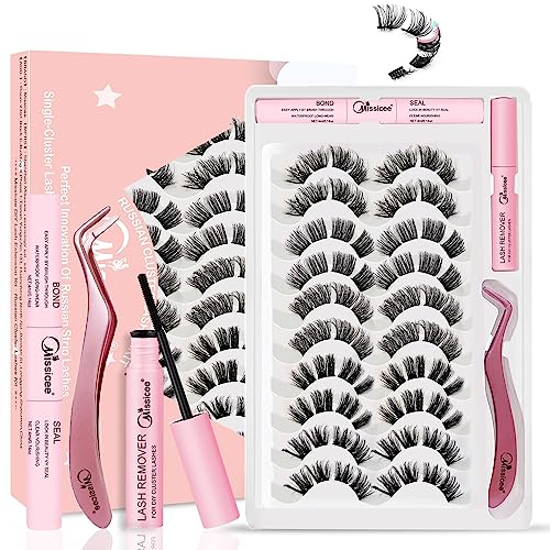 Wimpern Extensions Set, Missicee Lash Extension Set für Wimpernverlängerung 5 Stile Wimpern Einzeln 6D Natural Fluffy Wispy Einzelne Wimpern mit Bond Seal Entferner Pinzette zu Hause（D-11-17mm)