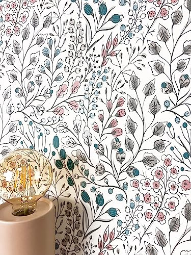 Newroom Vliestapete Weiß Blau Blumentapete Blätter Floral Wohnzimmer | Beerenmuster mit Zweigen Knospen Blüten, Akzente Petrol Rosa Grau, Mustertapete Schlafzimmer, Vintage-floral Boho