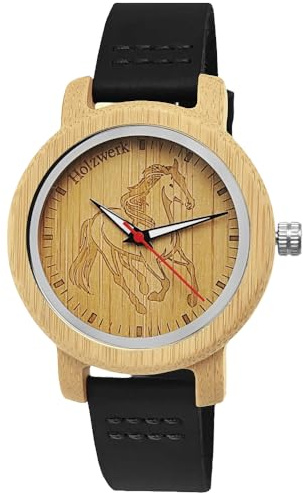 Holzwerk Germany Mädchen-Uhr Jungen-Uhr Kinderuhr Öko Natur Holz-Uhr Leder Armband-Uhr Analog Klassisch Quarz-Uhr Kinder Uhr mit Pferde Pony Motiv in Rot Schwarz Blau Türkis Braun