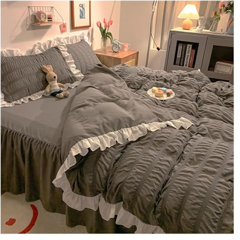Bed, Ruffle Duvet Cover King-4 Pieces Queen Seersucker Duvet Cover Textured Stripe Style, Soft Lightweight, Washed Microfiber, Zipper Closure and Ties