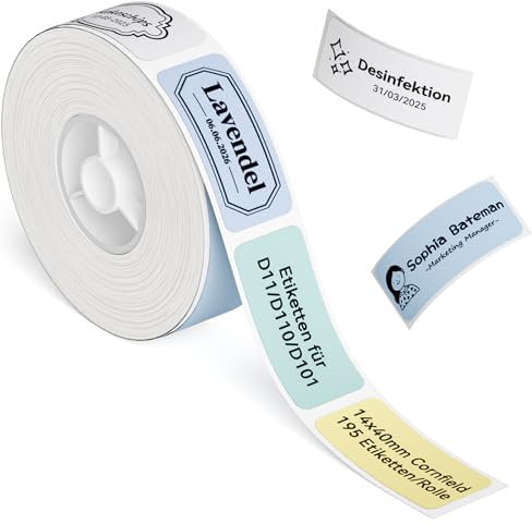 NIIMBOT Etiketten Selbstklebende Rolle für für D110/ D11/ D101 Etikettendrucker, 14 x 30 mm Beschriftungsetiketten Aufkleber Band Wasserfest Abriebfest Thermopapier, 210 Etiketten/Rolle, Mehrfarbig