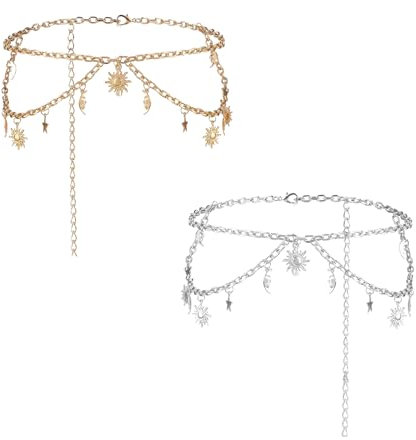 2 Stück Metall Strass Taille Kette Gürtel Kettengürtel Silber Mond Stern Taillenkette Aus Metall Boho Bauch Kette Kettengürtel Damen Verzierter Metallgliedergürtel Dünne Bundkette Für Kleider Jeans