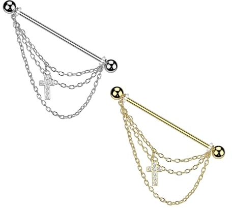 beyoutifulthings Industrial-Piercing Dreier-Kette Pavé Kreuz-Anhänger Gold Silber Industrial-Barbell Industrial-Bar Chirurgenstahl Stab-länge 38-mm