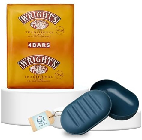 Wrights Traditional Coal Tar Bar Soap 125g Multipack of 4 with Portable Dish Tray and Lid | Antibacterial Antiseptic Soap for All Skin Types | Natural Original Multipack for Home, Gym, and Travel