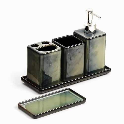 Home Harbour Zen Essence Fambe Collection | 5-Piece Green Bathroom Accessories Set |Soap Dispenser, Toothbrush Holder, Tumbler, Vanity Tray,& Multipurpose Holder | Stoneware Organiser (Set of 5 Green)