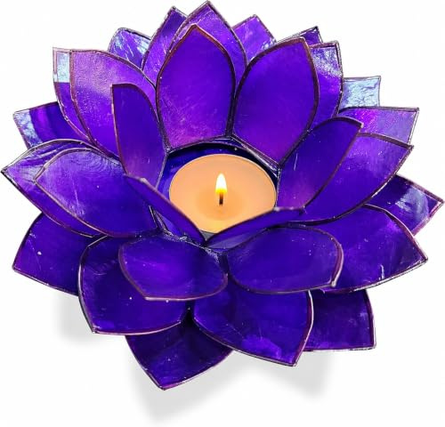 Moonshadow Handmade Capiz Shell Lotus Tea Light Holder, Elegant Blooming Flower Design with Natural Translucent Finish, Ideal for Home Decor, Meditation, Weddings & Serene Centerpieces, Purple